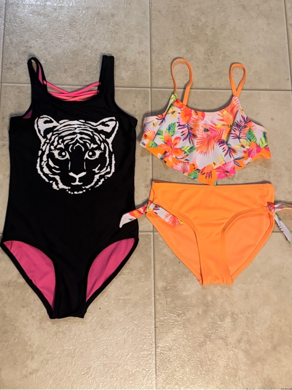 Kids Black One-Piece (color changing) & Neon Orange Two-Piece Swimsuit Set